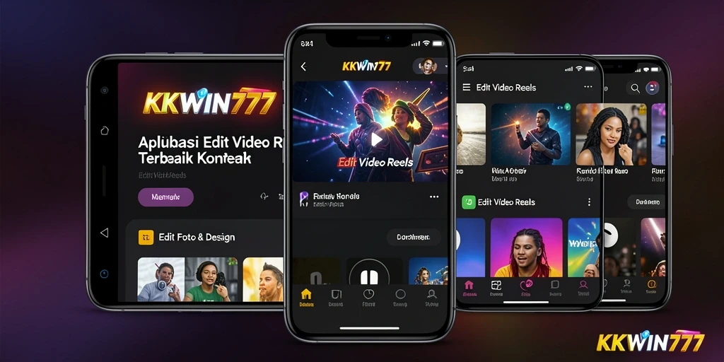 Screenshot utama aplikasi KKWIN777 menampilkan antarmuka edit video reels yang menarik.