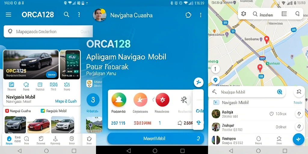 Screenshot antarmuka aplikasi Navigasi Mobil ORCA128 yang menampilkan peta dan rute.
